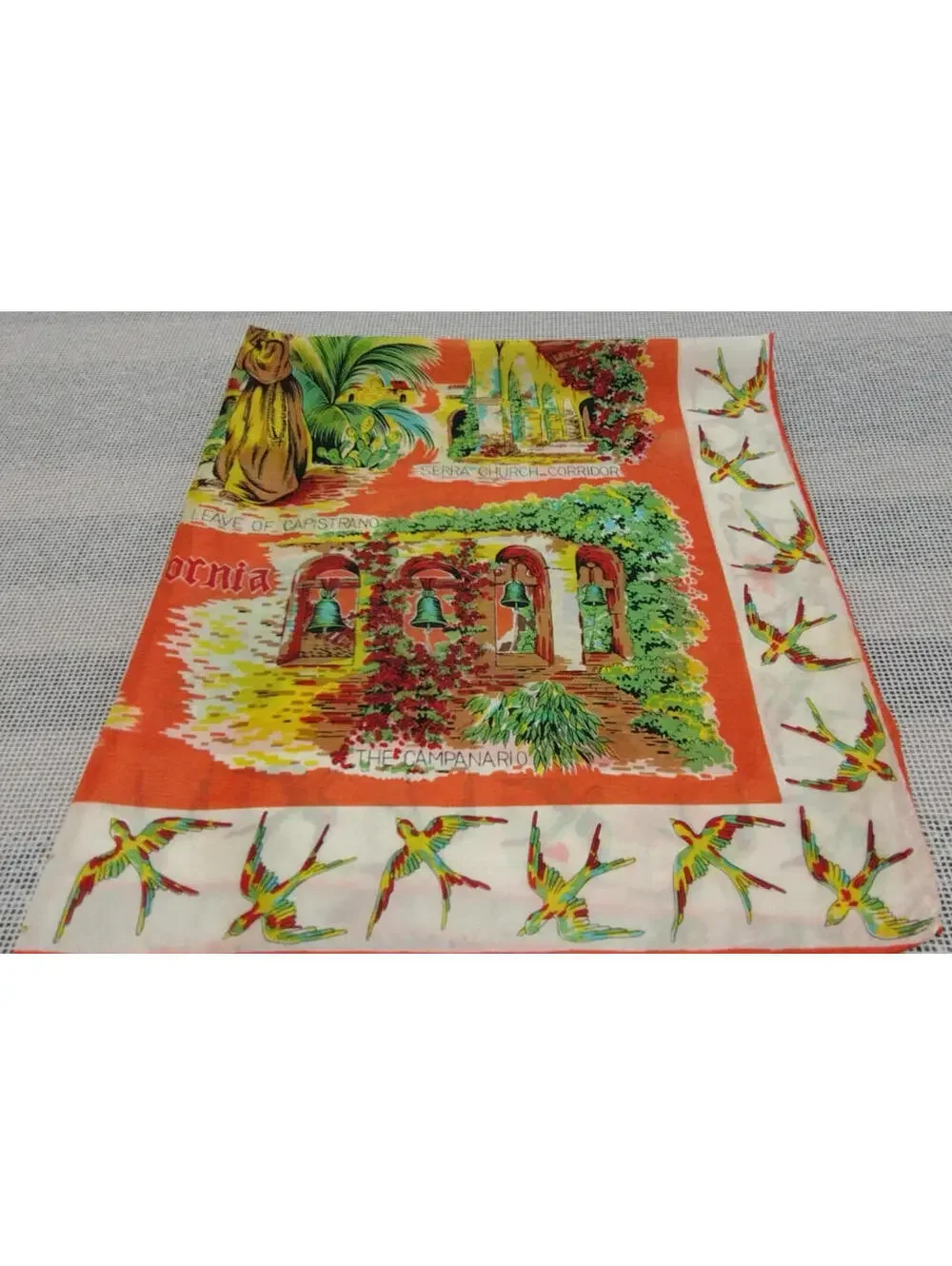 40s 30s California Missions Scarf Birds SAN JUAN CAPISTRANO 1930s MULTICOLOR ART
